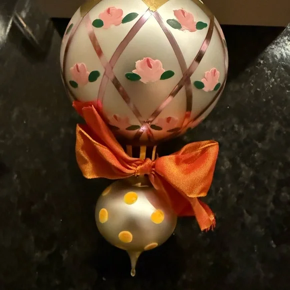 MacKenzie-Childs Double Drop White and Gold Ornament with Pink Accents - Picture 3 of 3